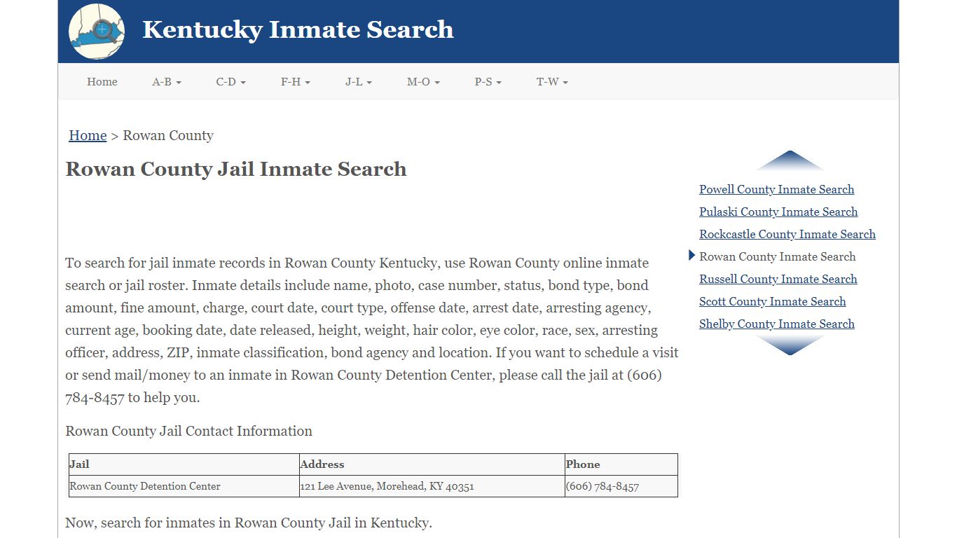 Rowan County KY Jail Inmate Search